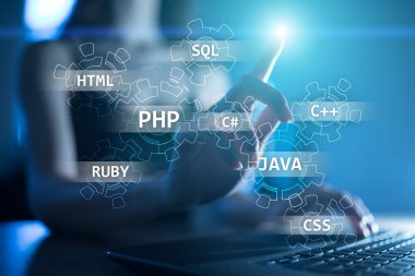 Web geliştirme araçları kavramı sanal ekran üzerinde. Programlama dili ve komut dosyaları. Php, Sql, Html, Java ve diğerleri.