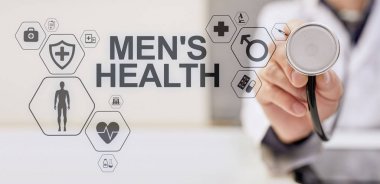Erkek Sağlığı afişi, sağlık ve sağlık hizmetleri konsepti ekranda. Steteskoplu doktor..