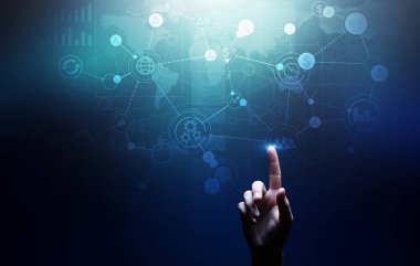 Karma ortam. İş örgütsel yapısı işlem simgeleri ile sanal ekran üzerinde.