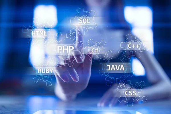 Web utveckling verktyg koncept på virtuella skärmen. Programmeringsspråk och skript. Php, Sql, Html, Java och andra. — Stockfoto