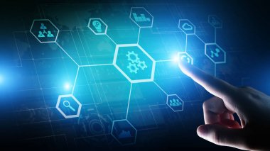 İş ve endüstriyel süreçlerin otomasyonu. Sanal ekranda akıllı fabrika ve teknoloji yenilik kavramı.