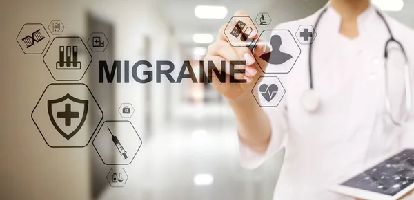 Migraine hoofdpijn hoofd pijn ziekten simptome medicatie medische gezondheidszorg concept banner. — Stockfoto