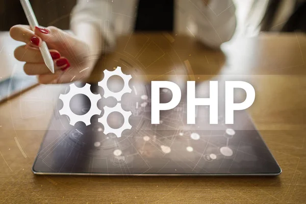 PHP, Web ανάπτυξη έννοια στην εικονική οθόνη. — Φωτογραφία Αρχείου