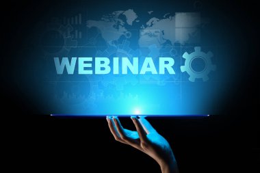 Sanal ekranda Webinar, Çevrimiçi eğitim, Eğitim ve E-öğrenme kavramı.
