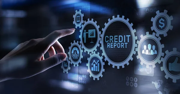 Botón de puntuación de informe de crédito en pantalla virtual. Concepto de financiación empresarial . — Foto de Stock