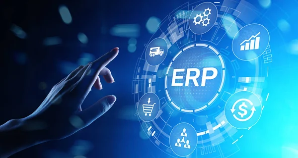 ERP - Sanal ekran üzerinde Atılgan kaynak planlaması işi ve modern teknoloji kavramı.
