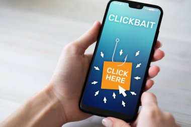 Clickbait, reklam, cep telefonu ekran spam simgeler. Internet ve iş kavramı.