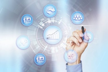 İş kavramı sanal ekran arka plan üzerinde işlem ve strateji. Yenilik ve finansal büyüme için çözümler.