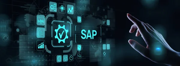 SAP - İş süreci otomasyon yazılımı. Sanal ekranda ERP kuruluşu kaynak planlama sistemi kavramı.