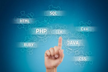 Web geliştirme araçları kavramı sanal ekran üzerinde. Programlama dili ve komut dosyaları. Php, Sql, Html, Java ve diğerleri.
