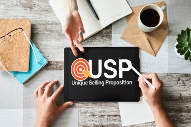 USP - Eşsiz satış teklifleri. Cihaz ekranında iş ve finans kavramı.