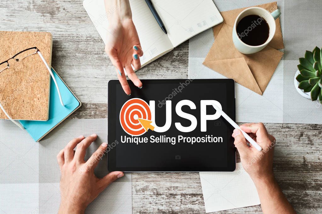 USP - Unique selling propositions. Business and finance concept on device screen.