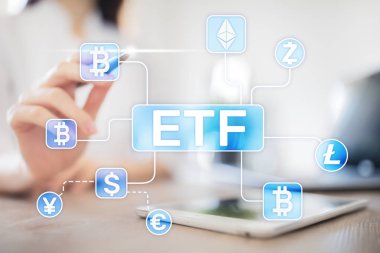 Bitcoin Etf. Döviz ticareti fon ve cryptocurrency kavramı sanal ekran üzerinde.