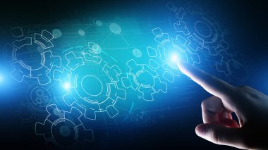 Sanal ekranda vites mekanizması. Otomasyon ve iş süreci akışı. İş ve teknoloji kavramı.