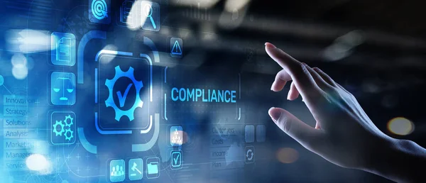 Compliance-Konzept mit Symbolen und Text. Vorschriften, Gesetze, Normen, Anforderungen, Auditdiagramm auf virtuellem Bildschirm. — Stockfoto