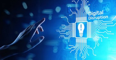 Dijital bozulma. Yıkıcı iş fikirleri. Nesnelerin IOT interneti, ağ, akıllı şehir ve makineler, büyük veriler, bulut, analiz, web ölçeği bilişim, yapay zeka, yapay zeka, yapay zeka.