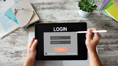 Giriş penceresi. Giriş ve parolayı girin. Siber koruma. Bilgi gizliliği. İnternet ve teknoloji kavramı.