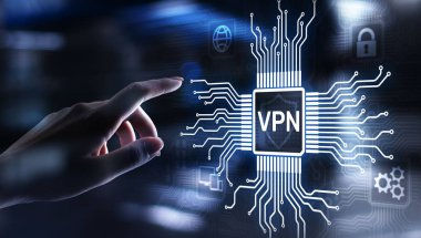 Sanal ekranda VPN sanal özel ağ internet erişimi güvenlik ssl vekil sunucu teknolojisi konsept düğmesi.