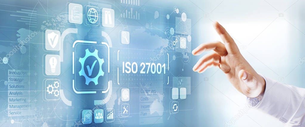 Iso 27001 Standard Quality Certification Assurance Standardisation. Business technology concept.