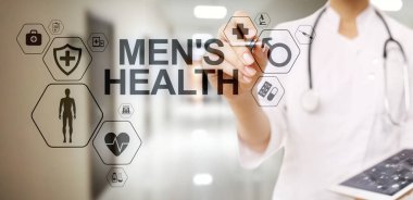 Erkek Sağlığı afişi, sağlık ve sağlık hizmetleri konsepti ekranda. Steteskoplu doktor..