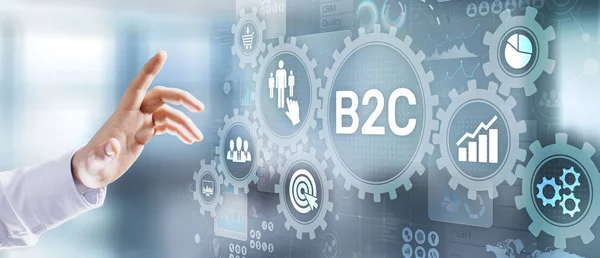 B2C Bisnis untuk pelanggan strategi pemasaran bisnis menekan tombol di layar virtual . — Stok Foto