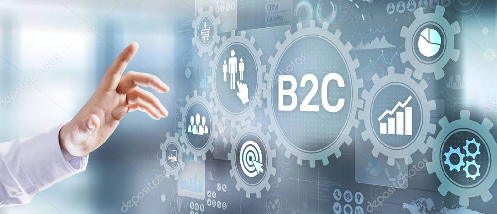 B2C Business to customer marketing strategy businessman pressing button on virtual screen.