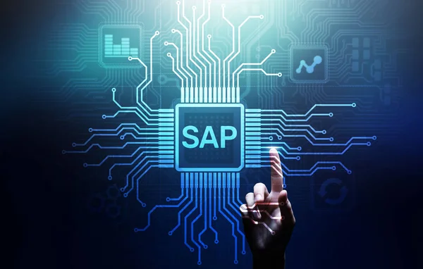 SAP - Oprogramowanie do automatyzacji procesów biznesowych. Koncepcja systemu planowania zasobów przedsiębiorstwa ERP na ekranie wirtualnym. — Zdjęcie stockowe