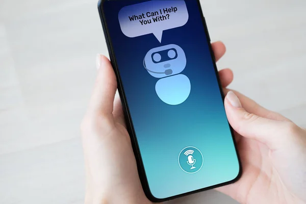 Diálogo de cliente y chatbot en la pantalla del teléfono inteligente. AI. Inteligencia artificial y concepto de tecnología de automatización de servicios . — Foto de Stock