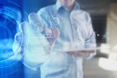 Arka plan ile vites taslak sanal ekran üzerinde mühendislik. İş yenilik ve modern teknoloji kavramı.