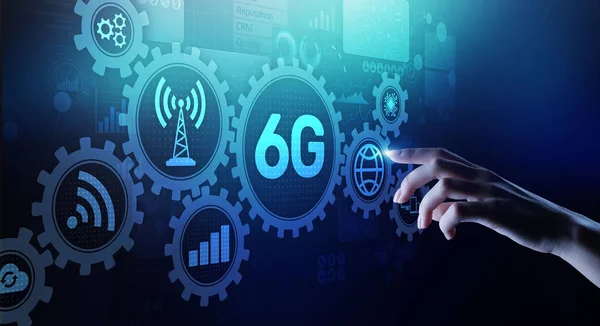 6G Nová generace telekomunikace rychlý internet a technologie koncept na virtuální obrazovce. — Stock fotografie