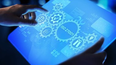 Iso 27001 Standart Standartlaştırma Sertifikası Müşteri Garantisi ve Sanal Ekran İş Konsepti.
