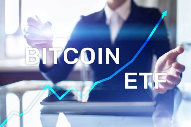 Bitcoin Etf, fon ve cryptocurrencies kavramı sanal ekran üzerinde döviz ticareti.