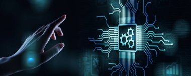 Sanal ekranda vites mekanizması. Otomasyon ve iş süreci akışı. İş ve teknoloji kavramı.