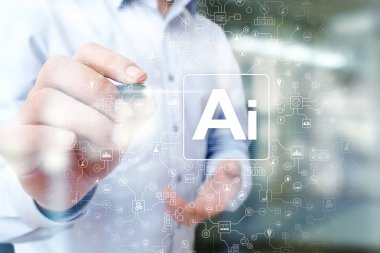 AI - yapay zeka, akıllı teknoloji ve yenilik sanayi iş ve yaşam konsepti üzerine sanal ekran içinde.