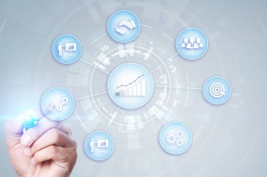 İş kavramı sanal ekran arka plan üzerinde işlem ve strateji. Yenilik ve finansal büyüme için çözümler.