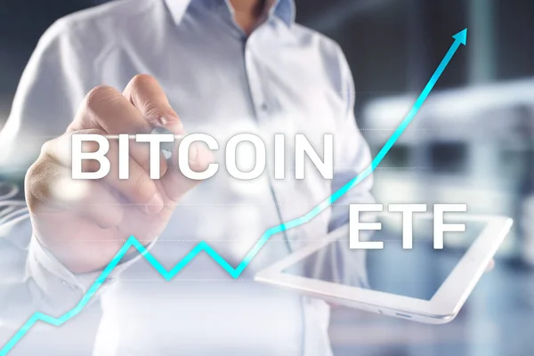 Bitcoin ETF, Exchange traded fund and cryptocurrencies concept on virtual screen.