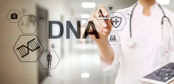 ADN ácido desoxirribonucleico. Concepto de Ciencias Médicas Sanitarias en pantalla . — Foto de Stock