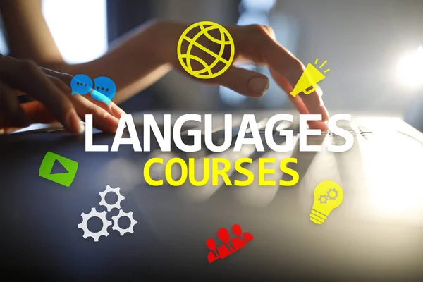 Language courses, Online learning, English shool, E-learning concept on virtual screen.