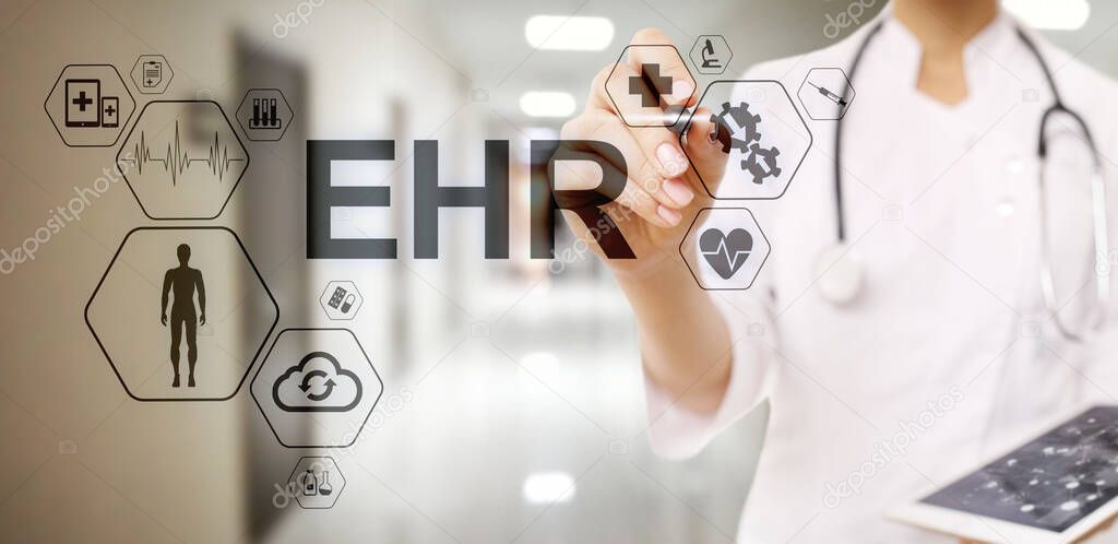 EHR Electronic Health record EMR Medical automation system Medicine Internet concept. Doctor with stethoscope.