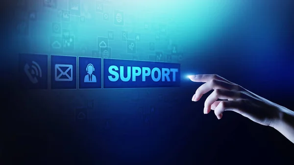 Támogató gomb a virtuális képernyőn. Ügyfélszolgálati és kommunikációs koncepció. — Stock Fotó