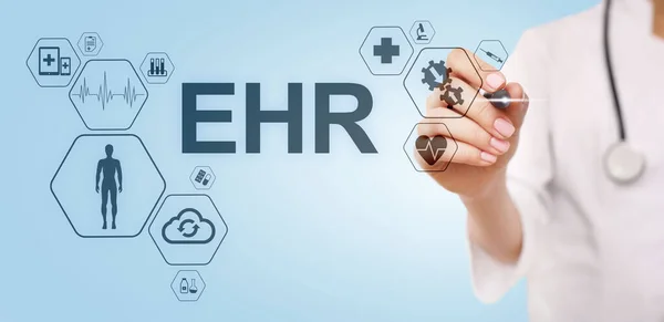 EHR Electronic Health record EMR Medical automation system Medicine Internet concept. Doctor with stethoscope.