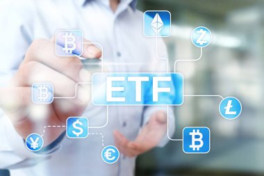 Bitcoin Etf. Döviz ticareti fon ve cryptocurrency kavramı sanal ekran üzerinde.