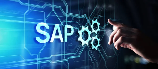 SAP - программное обеспечение для автоматизации бизнес-процессов. Концепция системы планирования ресурсов предприятия ERP на виртуальном экране. — стоковое фото