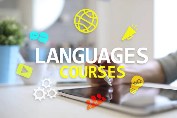 Language courses, Online learning, English shool, E-learning concept on virtual screen.