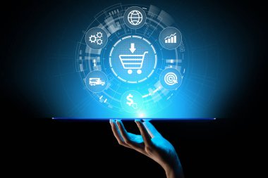 Sanal ekranda E-Ticaret, İnternet üzerinden iş yapma kavramı.