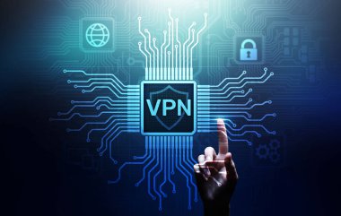 Sanal ekranda VPN sanal özel ağ internet erişimi güvenlik ssl vekil sunucu teknolojisi konsept düğmesi.