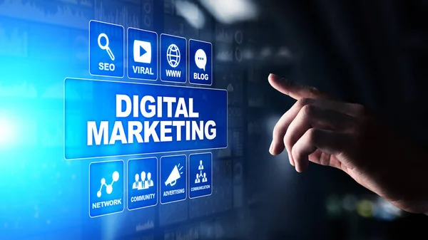 Ψηφιακό μάρκετινγκ, Online διαφήμιση, SEO, SEM, SMM. Έννοια επιχειρήσεων και διαδικτύου. — Φωτογραφία Αρχείου