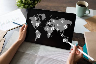 Bitcoin dünya haritası ve engelleme teknolojisi konsepti ekranda.