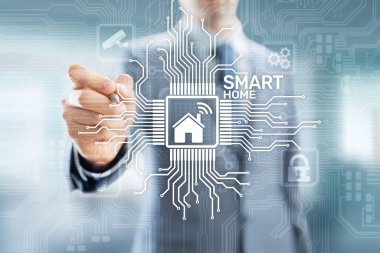 Sanal ekrandaki akıllı ev kontrol paneli. IOT ve Otomasyon teknolojisi kavramı.