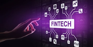 Fintech Finans Teknolojisi Kripto para birimi yatırımı ve dijital para. Sanal ekranda iş kavramı.